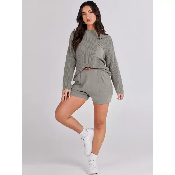 Caracilia Women's Two Piece Outfits Sweater Short Sets Long Sleeve Knit Pullover Top and Shorts Matching Lounge Set Tracksuit