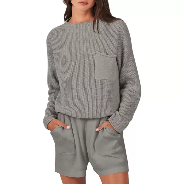 Caracilia Women's Two Piece Outfits Sweater Short Sets Long Sleeve Knit Pullover Top and Shorts Matching Lounge Set Tracksuit
