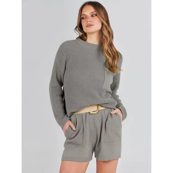 Caracilia Women's Two Piece Outfits Sweater Short Sets Long Sleeve Knit Pullover Top and Shorts Matching Lounge Set Tracksuit