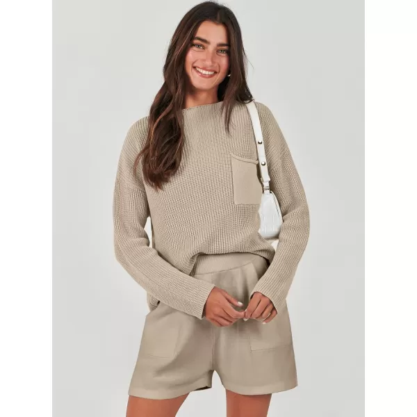 Caracilia Women's Two Piece Outfits Sweater Short Sets Long Sleeve Knit Pullover Top and Shorts Matching Lounge Set Tracksuit