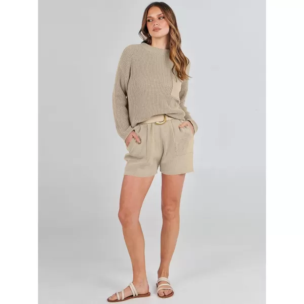 Caracilia Women's Two Piece Outfits Sweater Short Sets Long Sleeve Knit Pullover Top and Shorts Matching Lounge Set Tracksuit