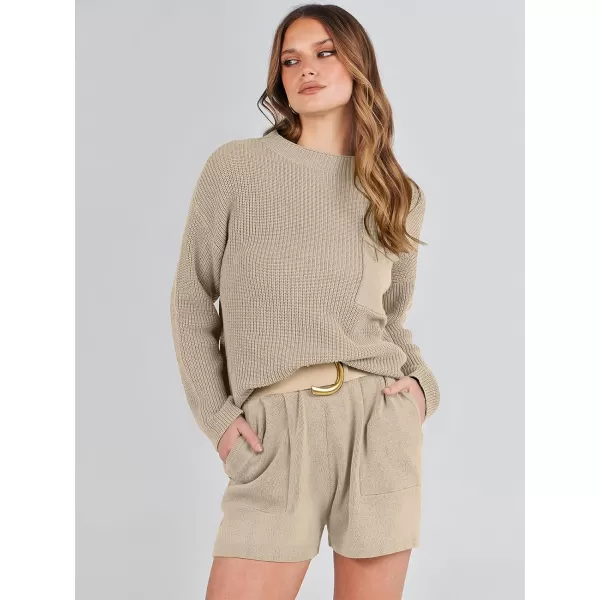 Caracilia Women's Two Piece Outfits Sweater Short Sets Long Sleeve Knit Pullover Top and Shorts Matching Lounge Set Tracksuit