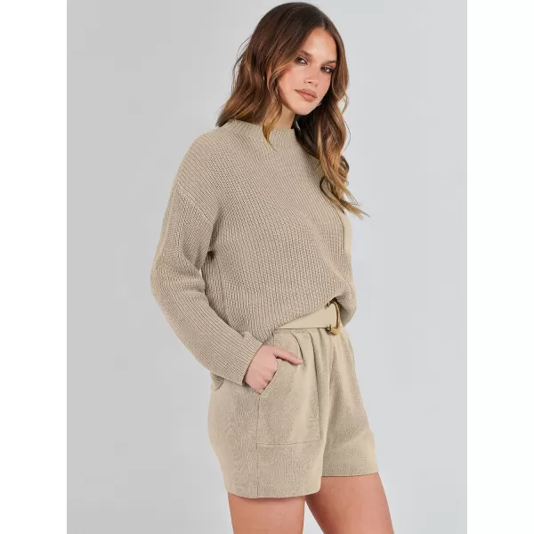 Caracilia Women's Two Piece Outfits Sweater Short Sets Long Sleeve Knit Pullover Top and Shorts Matching Lounge Set Tracksuit