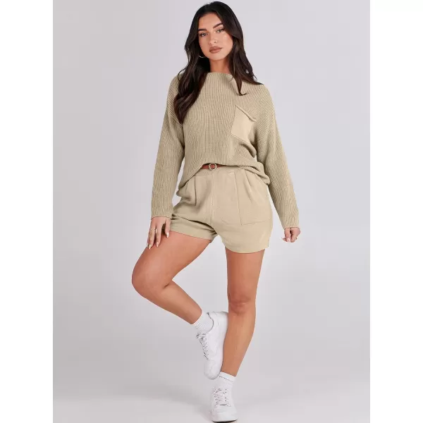 Caracilia Women's Two Piece Outfits Sweater Short Sets Long Sleeve Knit Pullover Top and Shorts Matching Lounge Set Tracksuit