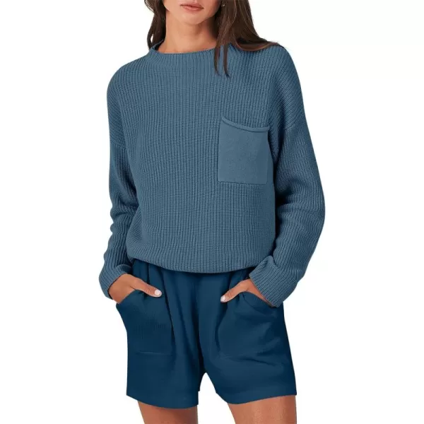 Caracilia Women's Two Piece Outfits Sweater Short Sets Long Sleeve Knit Pullover Top and Shorts Matching Lounge Set Tracksuit
