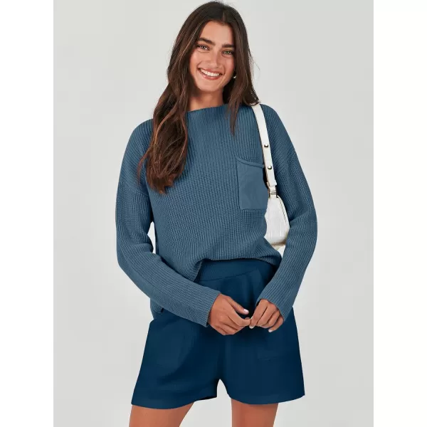 Caracilia Women's Two Piece Outfits Sweater Short Sets Long Sleeve Knit Pullover Top and Shorts Matching Lounge Set Tracksuit