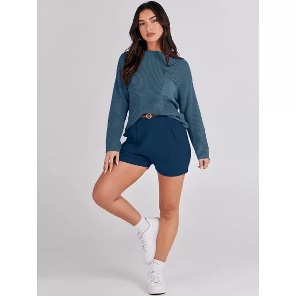 Caracilia Women's Two Piece Outfits Sweater Short Sets Long Sleeve Knit Pullover Top and Shorts Matching Lounge Set Tracksuit