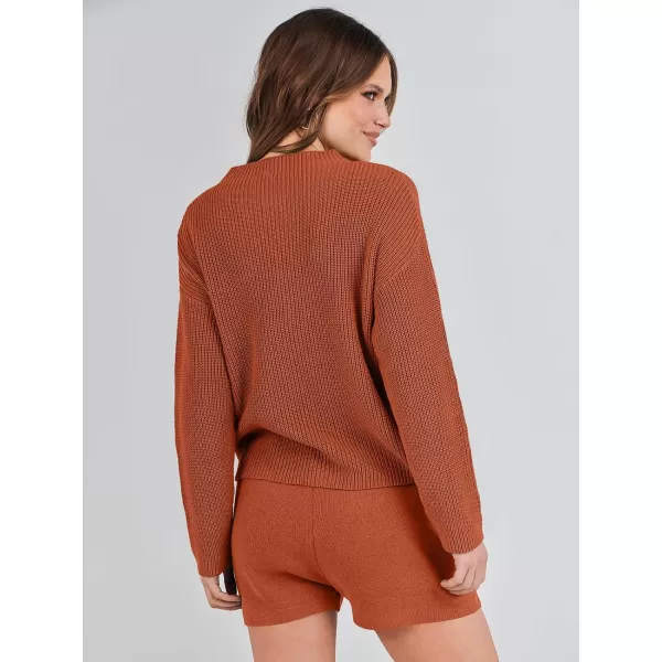 Caracilia Women's Two Piece Outfits Sweater Short Sets Long Sleeve Knit Pullover Top and Shorts Matching Lounge Set Tracksuit