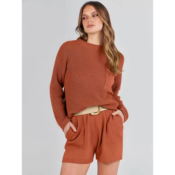 Caracilia Women's Two Piece Outfits Sweater Short Sets Long Sleeve Knit Pullover Top and Shorts Matching Lounge Set Tracksuit