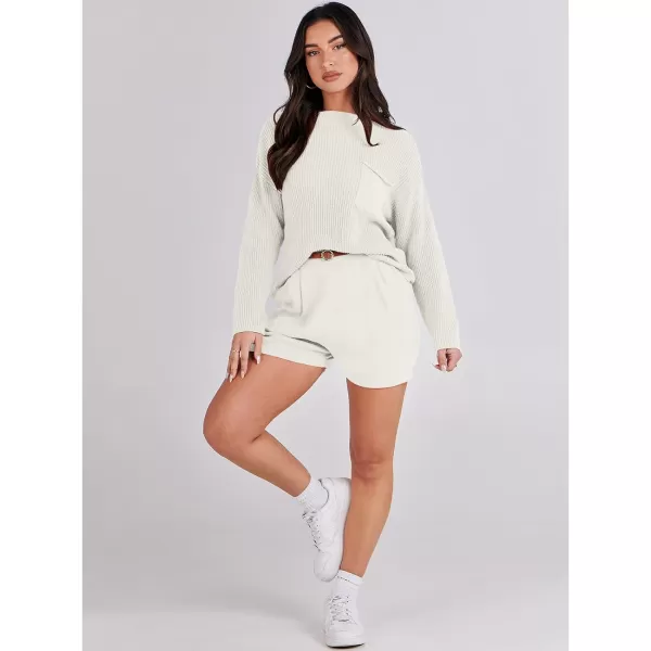 Caracilia Women's Two Piece Outfits Sweater Short Sets Long Sleeve Knit Pullover Top and Shorts Matching Lounge Set Tracksuit