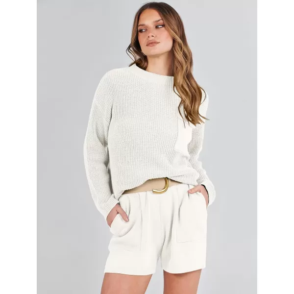 Caracilia Women's Two Piece Outfits Sweater Short Sets Long Sleeve Knit Pullover Top and Shorts Matching Lounge Set Tracksuit