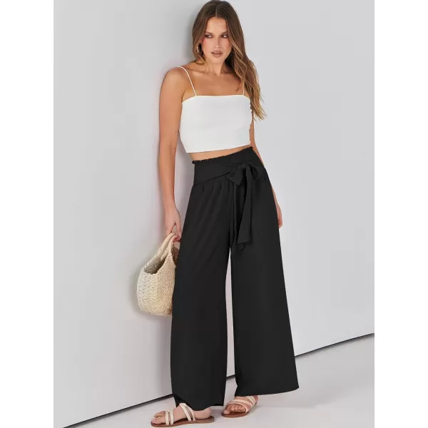 Caracilia Womens Wide Leg Lounge Pants with Pockets High Waisted Long Flowy Palazzo Pants Adjustable Tie Knot Loose Trousers