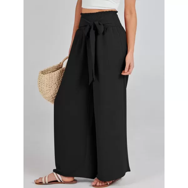 Caracilia Womens Wide Leg Lounge Pants with Pockets High Waisted Long Flowy Palazzo Pants Adjustable Tie Knot Loose Trousers