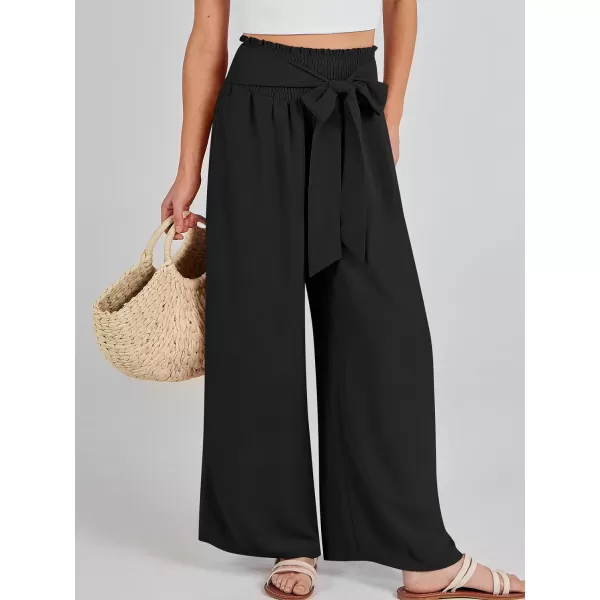 Caracilia Womens Wide Leg Lounge Pants with Pockets High Waisted Long Flowy Palazzo Pants Adjustable Tie Knot Loose Trousers
