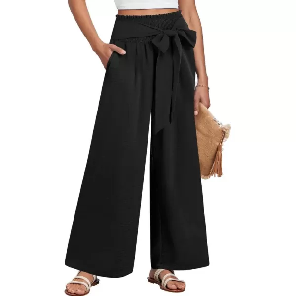 Caracilia Womens Wide Leg Lounge Pants with Pockets High Waisted Long Flowy Palazzo Pants Adjustable Tie Knot Loose Trousers