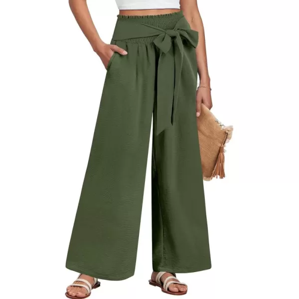Caracilia Womens Wide Leg Lounge Pants with Pockets High Waisted Long Flowy Palazzo Pants Adjustable Tie Knot Loose Trousers