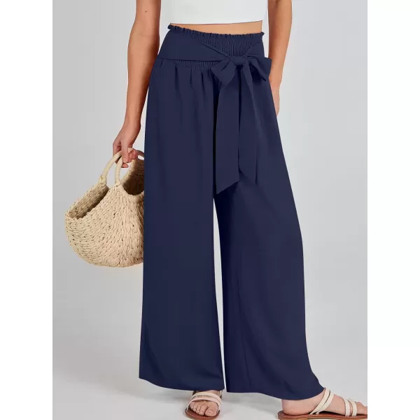 Caracilia Womens Wide Leg Lounge Pants with Pockets High Waisted Long Flowy Palazzo Pants Adjustable Tie Knot Loose Trousers