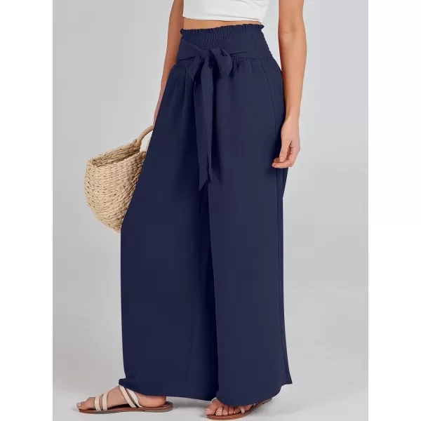 Caracilia Womens Wide Leg Lounge Pants with Pockets High Waisted Long Flowy Palazzo Pants Adjustable Tie Knot Loose Trousers