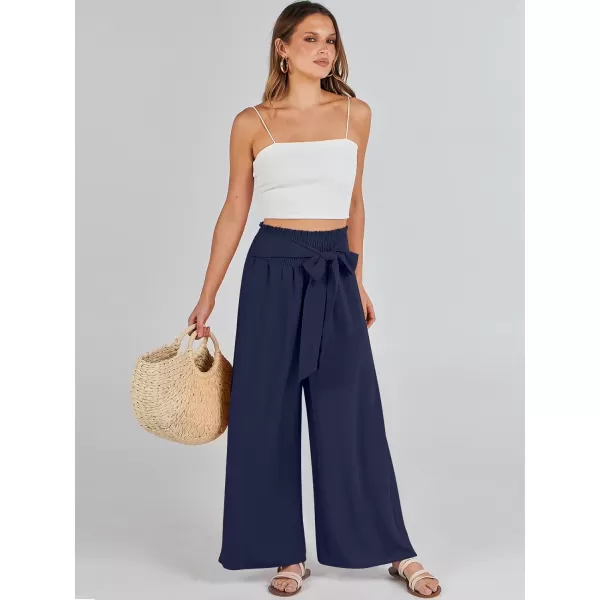 Caracilia Womens Wide Leg Lounge Pants with Pockets High Waisted Long Flowy Palazzo Pants Adjustable Tie Knot Loose Trousers