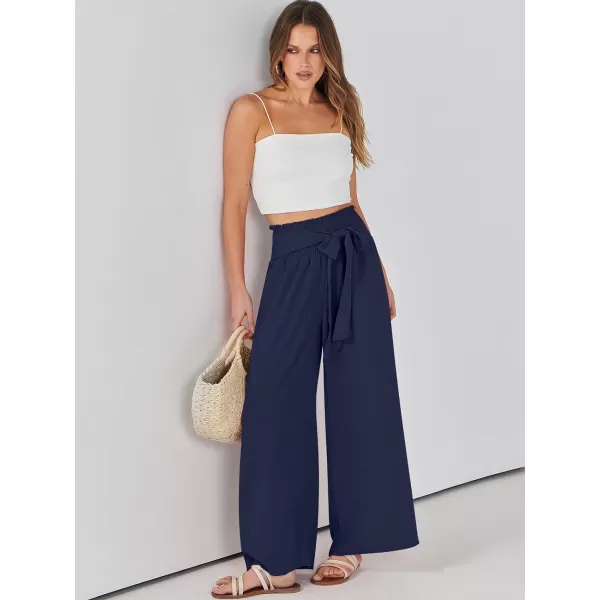 Caracilia Womens Wide Leg Lounge Pants with Pockets High Waisted Long Flowy Palazzo Pants Adjustable Tie Knot Loose Trousers