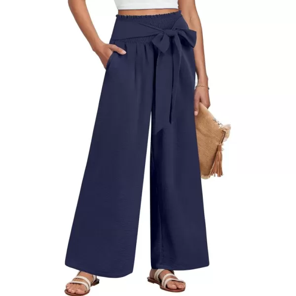Caracilia Womens Wide Leg Lounge Pants with Pockets High Waisted Long Flowy Palazzo Pants Adjustable Tie Knot Loose Trousers