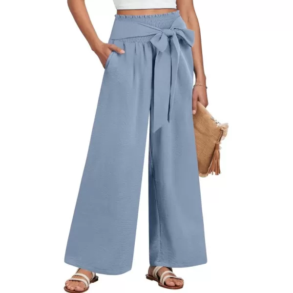 Caracilia Womens Wide Leg Lounge Pants with Pockets High Waisted Long Flowy Palazzo Pants Adjustable Tie Knot Loose Trousers