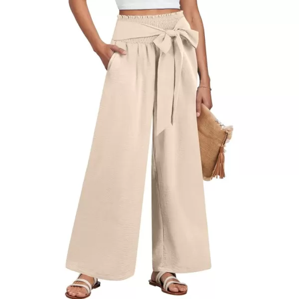 Caracilia Womens Wide Leg Lounge Pants with Pockets High Waisted Long Flowy Palazzo Pants Adjustable Tie Knot Loose Trousers