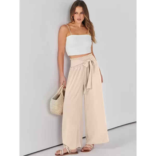 Caracilia Womens Wide Leg Lounge Pants with Pockets High Waisted Long Flowy Palazzo Pants Adjustable Tie Knot Loose Trousers