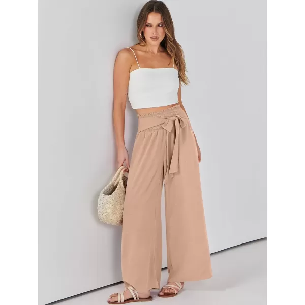 Caracilia Womens Wide Leg Lounge Pants with Pockets High Waisted Long Flowy Palazzo Pants Adjustable Tie Knot Loose Trousers