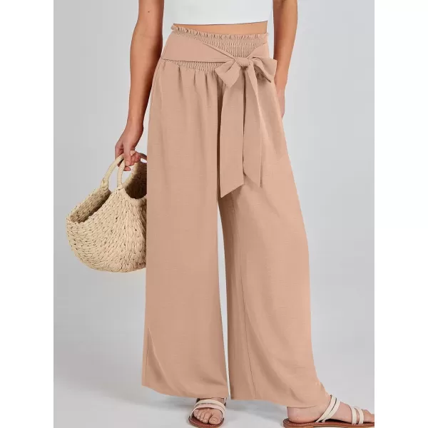 Caracilia Womens Wide Leg Lounge Pants with Pockets High Waisted Long Flowy Palazzo Pants Adjustable Tie Knot Loose Trousers