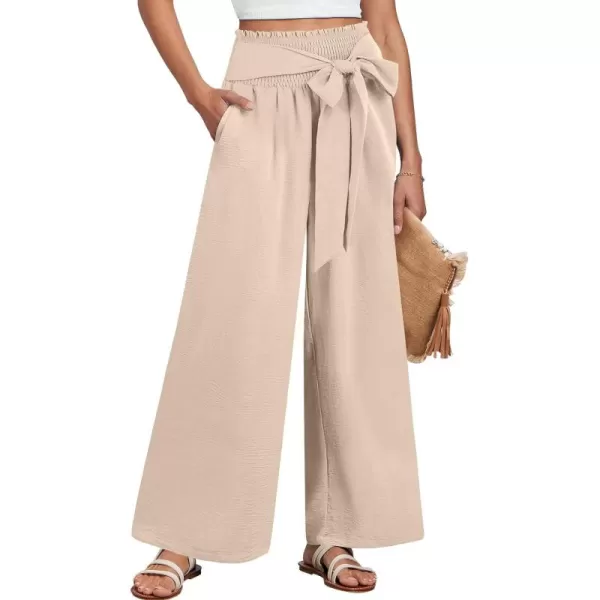 Caracilia Womens Wide Leg Lounge Pants with Pockets High Waisted Long Flowy Palazzo Pants Adjustable Tie Knot Loose Trousers