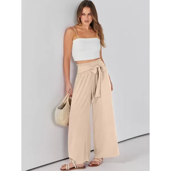 Caracilia Womens Wide Leg Lounge Pants with Pockets High Waisted Long Flowy Palazzo Pants Adjustable Tie Knot Loose Trousers