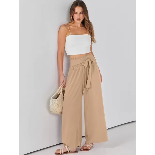 Caracilia Womens Wide Leg Lounge Pants with Pockets High Waisted Long Flowy Palazzo Pants Adjustable Tie Knot Loose Trousers