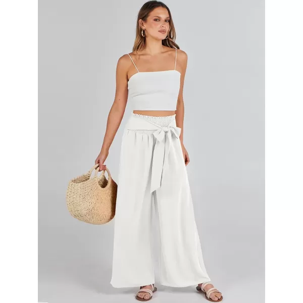 Caracilia Womens Wide Leg Lounge Pants with Pockets High Waisted Long Flowy Palazzo Pants Adjustable Tie Knot Loose Trousers