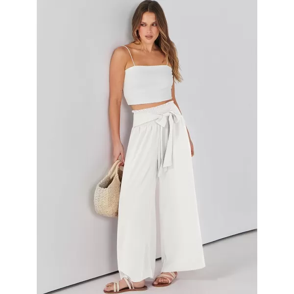 Caracilia Womens Wide Leg Lounge Pants with Pockets High Waisted Long Flowy Palazzo Pants Adjustable Tie Knot Loose Trousers