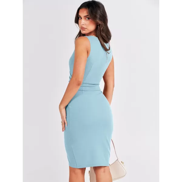 Caracilia Women's Wrap V Neck Sleeveless Ruched Bodycon Cocktail Formal Work Party Midi Dress for Wedding Guest