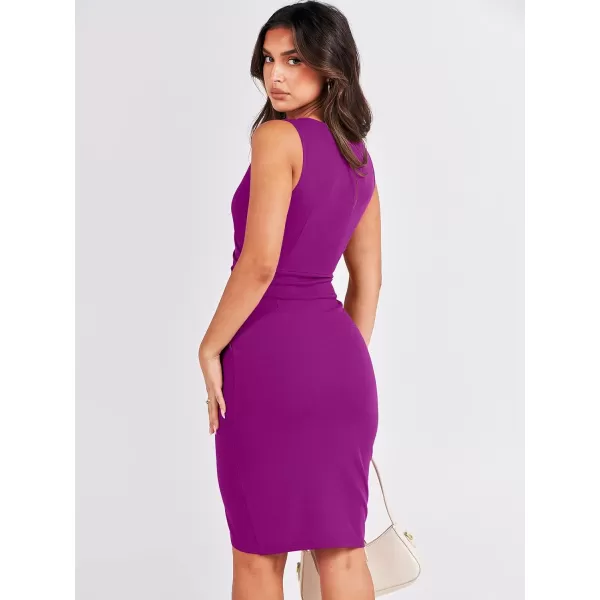 Caracilia Women's Wrap V Neck Sleeveless Ruched Bodycon Cocktail Formal Work Party Midi Dress for Wedding Guest