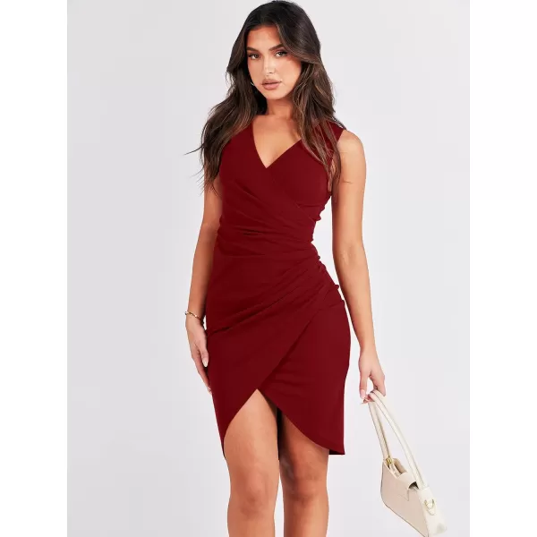 Caracilia Women's Wrap V Neck Sleeveless Ruched Bodycon Cocktail Formal Work Party Midi Dress for Wedding Guest