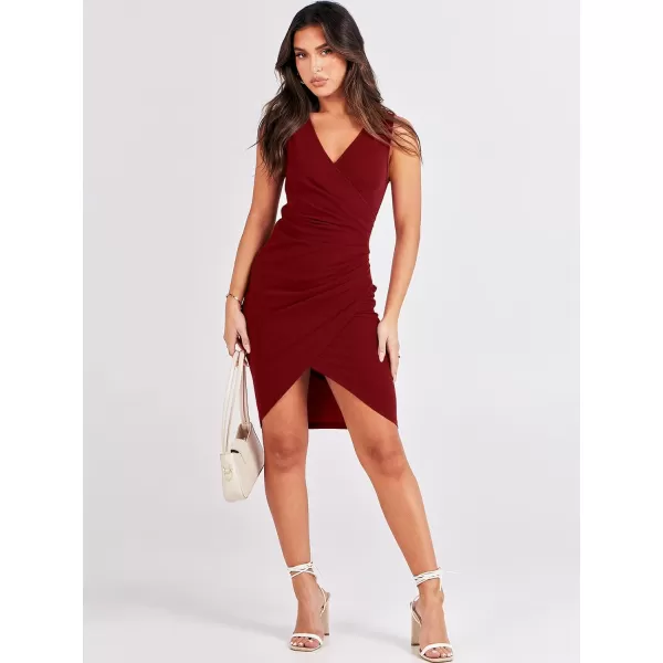 Caracilia Women's Wrap V Neck Sleeveless Ruched Bodycon Cocktail Formal Work Party Midi Dress for Wedding Guest