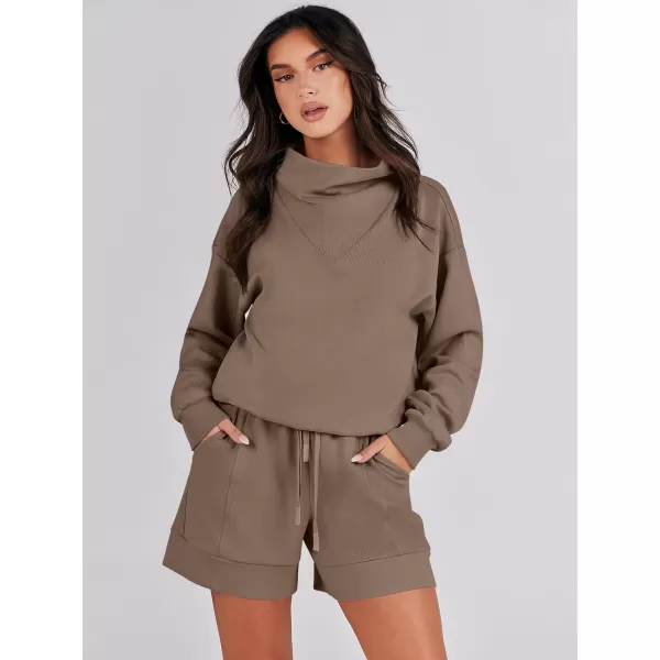 Caracilia Women 2 Piece Outfits Loose Sweatsuits Fashion Cowl Neck Sweatshirts &amp; Shorts Set Lounge Wear Jogger Tracksuit Set