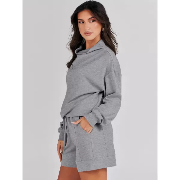 Caracilia Women 2 Piece Outfits Loose Sweatsuits Fashion Cowl Neck Sweatshirts &amp; Shorts Set Lounge Wear Jogger Tracksuit Set