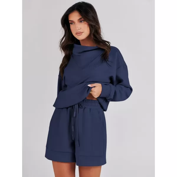 Caracilia Women 2 Piece Outfits Loose Sweatsuits Fashion Cowl Neck Sweatshirts &amp; Shorts Set Lounge Wear Jogger Tracksuit Set