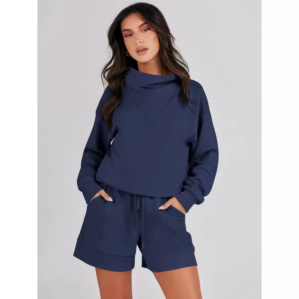 Caracilia Women 2 Piece Outfits Loose Sweatsuits Fashion Cowl Neck Sweatshirts &amp; Shorts Set Lounge Wear Jogger Tracksuit Set