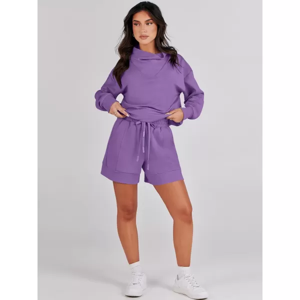 Caracilia Women 2 Piece Outfits Loose Sweatsuits Fashion Cowl Neck Sweatshirts &amp; Shorts Set Lounge Wear Jogger Tracksuit Set