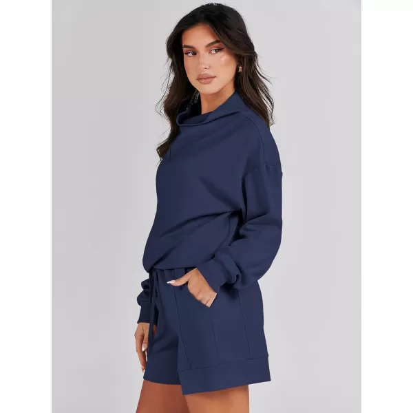 Caracilia Women 2 Piece Outfits Loose Sweatsuits Fashion Cowl Neck Sweatshirts &amp; Shorts Set Lounge Wear Jogger Tracksuit Set