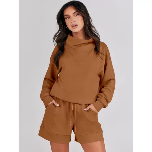 Caracilia Women 2 Piece Outfits Loose Sweatsuits Fashion Cowl Neck Sweatshirts &amp; Shorts Set Lounge Wear Jogger Tracksuit Set