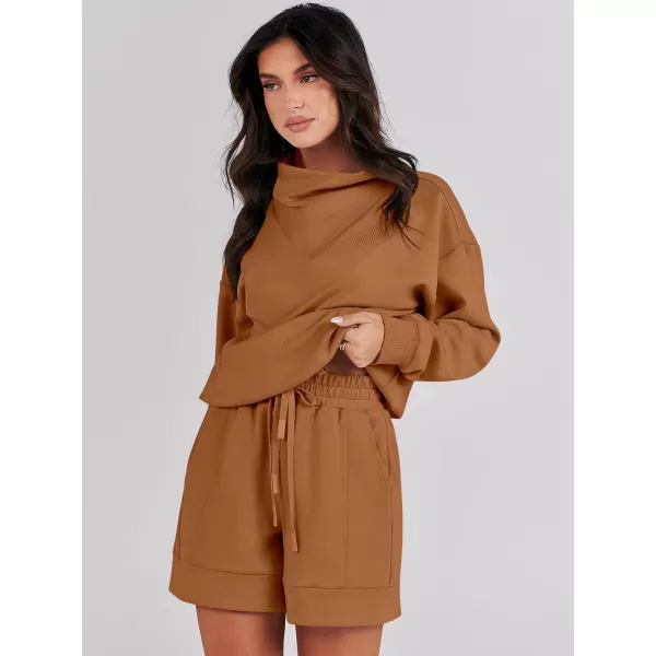 Caracilia Women 2 Piece Outfits Loose Sweatsuits Fashion Cowl Neck Sweatshirts &amp; Shorts Set Lounge Wear Jogger Tracksuit Set
