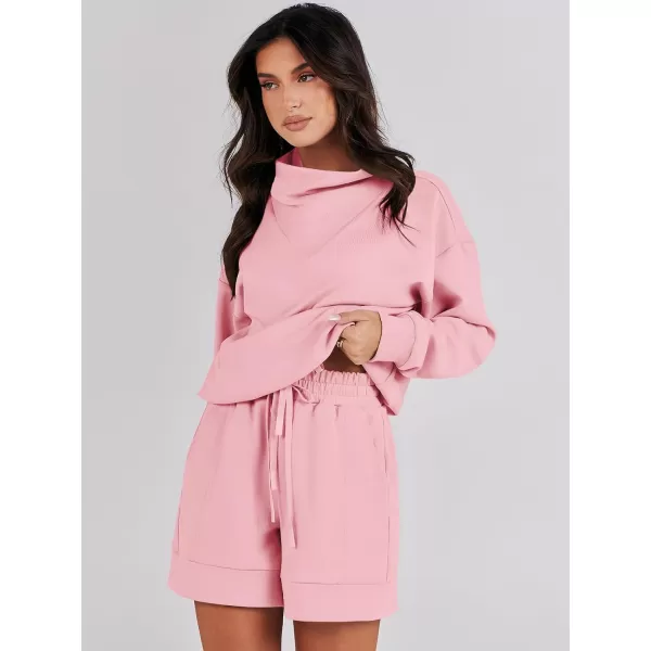 Caracilia Women 2 Piece Outfits Loose Sweatsuits Fashion Cowl Neck Sweatshirts &amp; Shorts Set Lounge Wear Jogger Tracksuit Set