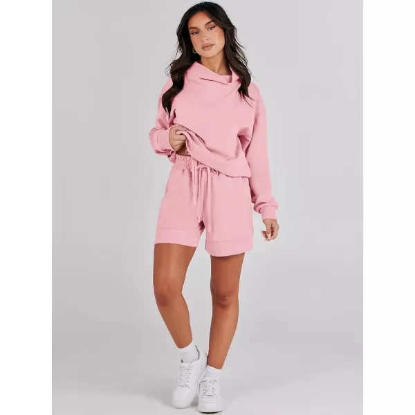 Caracilia Women 2 Piece Outfits Loose Sweatsuits Fashion Cowl Neck Sweatshirts &amp; Shorts Set Lounge Wear Jogger Tracksuit Set
