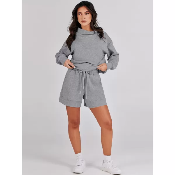 Caracilia Women 2 Piece Outfits Loose Sweatsuits Fashion Cowl Neck Sweatshirts &amp; Shorts Set Lounge Wear Jogger Tracksuit Set
